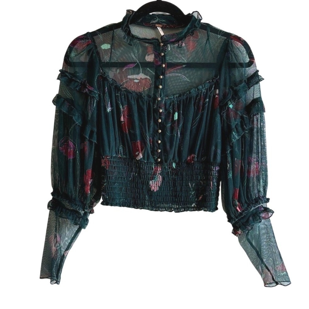 Free People Blouse Green Women S Sheer Floral Ruffle Smocked Mesh Whimsigoth